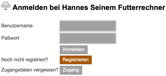 Registrieren bei Hannes Seinem Futterrechner - Screenshot Anmeldebildschirm